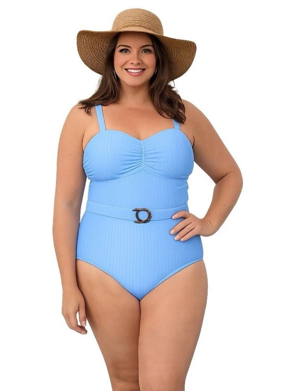 Susan Graver Size 16 Blue Soleil Ruched Front Swimsuit One Piece Belt Periwinkle